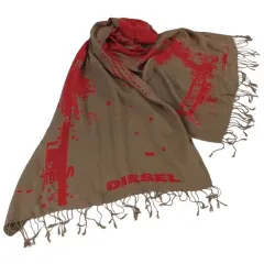 ディーゼル DIESEL 総柄 ロゴプリント レーヨン大判ストール フリンジ ブラウン系 茶系 レッド 赤のサムネイル