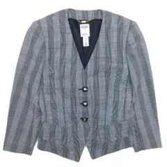 美品 CELINE セリーヌ 90s ヴィンテージ チェック Vネック ノーカラージャケット ブレザー アウター ジェーシーシー期 36 グレー レディース 古着 中古 USEDのサムネイル