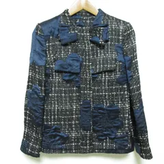 美品 GIORGIO ARMANI ジョルジオアルマーニ ダメージ加工 パッチワーク ノーカラーツイードジャケット サイズ38 グレー ネイビー レディース 古着 中古 USEDのサムネイル