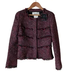 美品 Rene ルネ コサージュ付き ノーカラー ツイードジャケット 36 レッド系 レディース 古着 中古 USEDのサムネイル