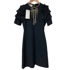 美品 GUCCI グッチ ビジューリボン装飾 フリルスリーブ ドレス ワンピース 448262 サイズ36 ブラック レディース 古着 中古 USEDのサムネイル