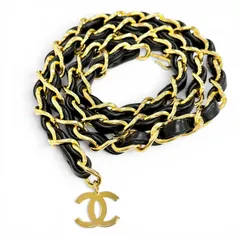 美品△CHANEL シャネル ヴィンテージ GP レザー使い ココマークチャーム付き チェーン ベルト ゴールド ブラック レディース オススメ◎のサムネイル