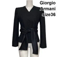 ●◆ ジョルジオアルマーニ Giorgio Armani ノーカラージャケット 長袖 ジャガード調 ペプラム 黒 紺 シルク 36 S 7号 レディース S6H856のサムネイル