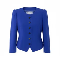 88g20 【美品】YVESAINTLAURENT イヴサンローラン パフショルダージャケット ノーカラージャケット アウター Sサイズ ブルー ウール100％ レディース 女性用u02tのサムネイル