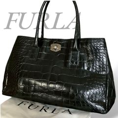 FURLA クロコ型押し トートバッグ ブラック - メルカリ