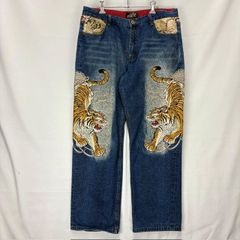 仏喜羅坊 BUKKIRABOU 風神雷神 刺繍 和柄 デニム ジーンズ サイズ38 