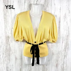 90s YSL Yves Saint Laurent オールド イヴサンローラン パフスリーブ リボンベルト コットンニットカーディガン イエロー レトロのサムネイル