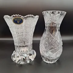 ボヘミア BOHEMIA クリスタルガラス 花瓶 ヴィンテージ フラワーベース 花器 ガラス ボヘミアングラス カットガラス インテリア 2点セット 【12986-2】のサムネイル