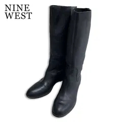 NINE WEST ナインウエスト 秋冬★ レザー ヴィンテージ加工 フラット プレーントゥ ロング ブーツ Sz.8 M レディース 黒のサムネイル