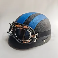 原付ヘルメット 半キャップ 半帽 フリーサイズ ゴーグル付き ネックガード付き 四季通用 軽量 自転車用 ロードバイク用 ブルーのサムネイル
