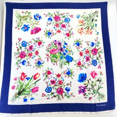 美品 Pierre Cardin/ピエールカルダン スカーフ/大判ハンカチ 花柄 フラワーモチーフ ブルー/ホワイト/マルチカラー[ON01283]のサムネイル