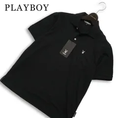 【新品 未使用】 PLAYBOY プレイボーイ 春夏★ 半袖 ロゴ刺繍 鹿の子 ポロシャツ Sz.M メンズ 黒のサムネイル