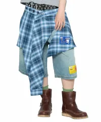 新品 GLAC x JIGGU チェックシャツ レイヤード ラップスカート (BLUE)のサムネイル