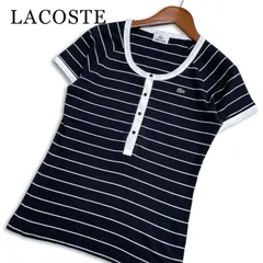 LACOSTE ラコステ 春夏★ 半袖 ヘンリーネック ボーダー ロゴ刺繍 カットソー Tシャツ 日本製 Sz.40 レディース 黒のサムネイル