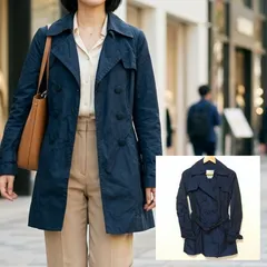 薄手で軽量◎春秋のアウターに◎【MONCLER】モンクレール トレンチコート ショート丈 ポリエステル100% シンプル ベーシック ビジネス オフィス カジュアル きれいめ タウンユース ネイビー 紺 レディース サイズ0/M49760jYのサムネイル