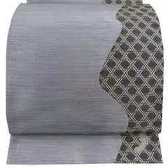 【美品】 袋帯 名品 斉藤三才 落款 籠目 縞 箔 金糸 灰紫 六通 正絹 【中古】のサムネイル