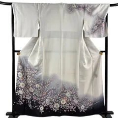 訪問着 身丈158.5cm 裄丈68cm L 袷 翠山工房 落款 辻が花 銀通し ぼかし 灰白 正絹 名品 【中古】のサムネイル