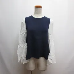 バーニーズニューヨーク BARNEYS NEW YORK ドッキングニット 長袖 シアー ブラウス ネイビー×白 異素材切替え カットソー 日本製のサムネイル