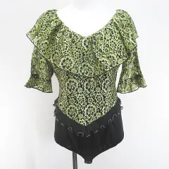 DANCE FASHION Eve 社交ダンス衣装 ボディースーツ 七分袖 カットソー M 黄 イエロー系 レース 刺繍 シースルー 透け感 フリルのサムネイル