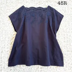 45R カットワーク刺繍 スカラップ ブラウス コットン100% ネイビーのサムネイル