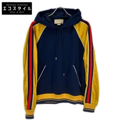GUCCI　グッチ　676100 ネイビー×イエロー GGロゴ ジャカード プルオーバーフーディ　Mのサムネイル