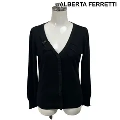◆ アルベルタフェレッティ ALBERTA FERRETTI カーディガン 長袖 Vネック ビジュー リボンモチーフ 黒 毛 S 7号 レディース S6H954のサムネイル