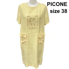 □ ピッコーネ PICONE サックワンピース 膝丈 半袖 ラウンドネック ロゴ刺繍 ポケット 黄色 リネン100％ 38 M 9号 レディース Z6D136のサムネイル
