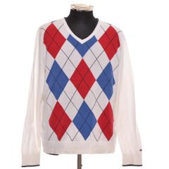 485014 TOMMY HILFIGER トミーヒルフィガー ○アーガイルニット セーター サイズS メンズ ホワイト チェック