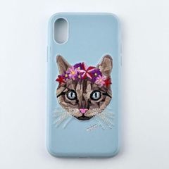 Corona Collection Feline iPhone X XS 쉘형 케이스 자수 동물 디자인 하늘색 얇은 경량