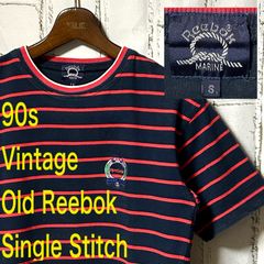 希少  90s ヴィンテージ Reebok MARINE リーボック 刺繍ロゴ ボーダー Tシャツ 赤 黒 レッド ブラック Sサイズ シングルステッチ メンズ カジュアル 半袖 夏 Vintage リーボックマリーン 90年代 ビンテージ