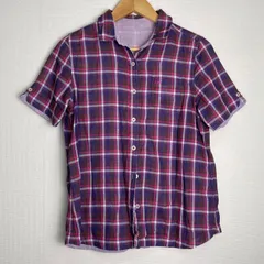 Munsingwear マンシングウェア 半袖シャツ チェックシャツ ロールアップスリーブ 胸ロゴ刺繍 コットン100% ゴルフ カジュアル パープル系 サイズM NB63のサムネイル