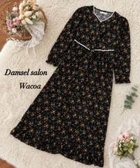 Damsel salon Wacoa ワコール ルームウェア ワンピース M 花柄 綿100% 日本製 ナイトウェア ロング パフスリーブDamsel salon 花柄 ロングワンピース M 日本製 綿100% レース リボン フレア 黒のサムネイル