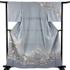 訪問着 身丈160.5cm 裄丈62.5cm S 袷 翠山工房 落款 辻が花 笠松 ぼかし 青灰色 正絹 名品 一つ紋 【中古】のサムネイル
