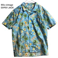 ●棚番号BJ-3 ビンテージ GYPSY JACK アロハシャツ M ブルー ハワイアンシャツ 半袖 開襟 レトロ 総柄 ヤシの木 南国 風景 90s