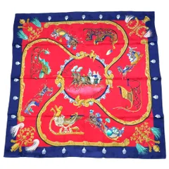 【新着】HERMES カレ90 Plumes et Grelots シルク ネイビー、レッド スカーフのサムネイル