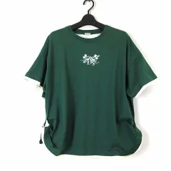 ダブルネーム DOUBLE NAME ディズニー Disney Tシャツ レイヤー風 ミッキー ミニー 刺繍 半袖 サイドロールアップ F グリーン 緑 オフ白のサムネイル