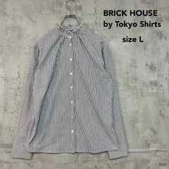 BRICK HOUSE by Tokyo Shirts ブリックハウスバイトウキョウシャツ L ストライプ ブラウス シャツ トップス フリルネック スタンドカラー 長袖 ホワイト グレー ポリエステル ★ ■◇ ◇■のサムネイル