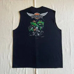 90s　vintage　SENOR FROGS　セニョールフロッグス　企業物　タンクトップ　ノースリーブカットソー　ウィング　翼ロゴ　カエル刺繍　バイカー蛙　両面ロゴプリント　ブラック　XXL　一点物　ストリート　グランジ　wing logo tank-topのサムネイル