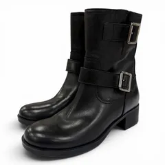 美品☆PRADA プラダ 3U5907 ベルトデザイン レザー バイカーブーツ エンジニアブーツ アンクルブーツ ショートブーツ ブラック 35.5のサムネイル