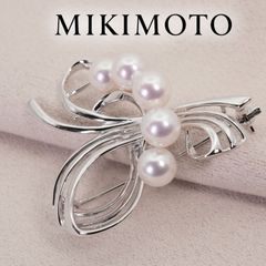美品 ミキモト シルバー アコヤ真珠 5P リボン ブローチ /26-1189