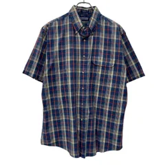 90s LANDS'END 半袖 チェックシャツ L ネイビー マルチカラー ランズエンド ボタンダウン 90年代 チェック柄 胸ポケット 夏物 a807-6355のサムネイル
