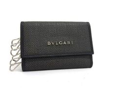 117【人気】BVLGARI 6連キーケース ロゴ レザー ブラック グレー