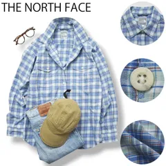 【ゴールドウィン製】 ノースフェイス THE NORTH FACE 長袖 シャツ ダブルポケット ラウンドヘム L チェック柄 ブルー アウトドア ウェア タウンユース レジャー レディース ♪のサムネイル