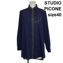 ◆ スタジオピッコーネ PICONE 異素材切替シャツ ブラウス ニット ロング丈 長袖 装飾 紺 グレー コットン混 40 L 11号 レディース S6H987のサムネイル