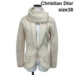 ●◆ クリスチャンディオール スカーフジャケット 長袖 Vネック フリンジトリミング ヴィンテージ 毛 38 M 9号 レディース S6I030のサムネイル
