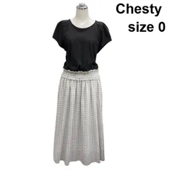 □ チェスティ Chesty ドッキングワンピース 半袖 ラグラン ウエストシャーリング ギャザーフレア 黒 綿混 0 S 7号 レディース Z6C579のサムネイル