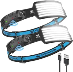 TD-0123 Smiling Shark 充電式 LED ヘッドライト, 【2023年最新款・PSE??・白光2個セット】 USB充電可能 6 倍高輝度アウトドアヘッドランプ 230°広角照明 集光 超軽量 IPX4 防水防塵 8時間連続使用可能 キャンプ のサムネイル