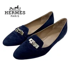 エルメス HERMES ぺガス フラットシューズ 靴 シューズ スエード ネイビー シルバー ケリー金具 ローファーのサムネイル