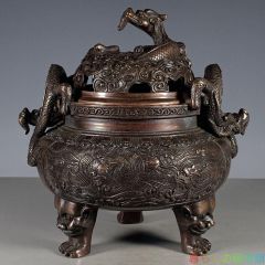【Elegant】Nine Dragons Three-Legged Incense Burner, Double-Handled Tripod Type, Feng Shui, Good Fortune, Wealth, Craftwork, Art Ornament zw427