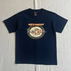 00s　Warner Bros.　DC Comics　スーパーマンロゴタグ　GETAWAY BAR AND GRILL　ピラニア　魚アートグラフィック　アメリカンジョーク　企業ロゴプリント　半袖コットンTシャツ　短丈　紺　USA製素材　一点物　古着　個性派のサムネイル